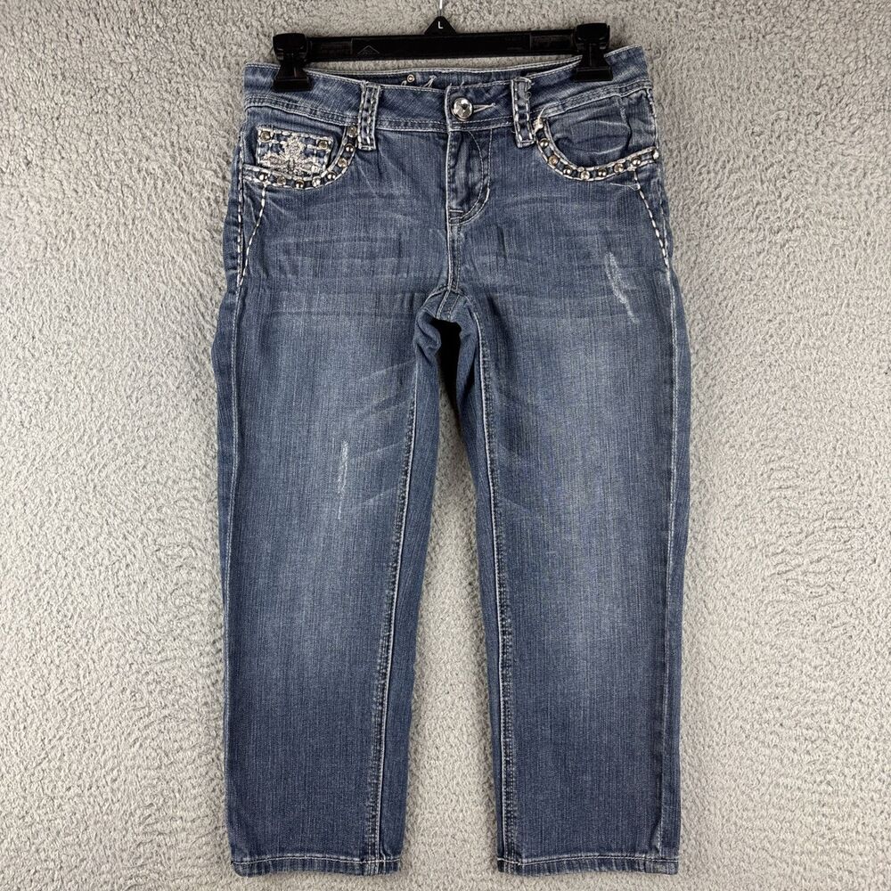 LA Idol USA Capri Jeans Women’s 3 Blue Medium Wash Denim Low Rise Embellished